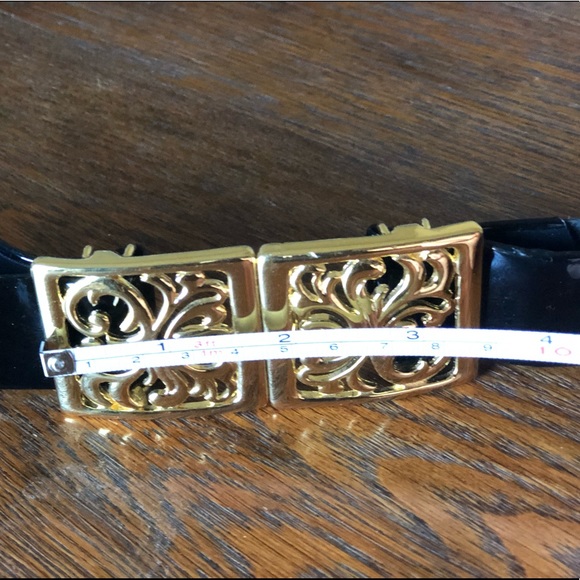 Vintage 80’’s/90’s Talbots Patent Leather Black Shiny Gold Clasp Buckle Belt - Picture 6 of 8